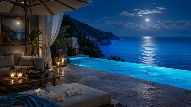 Moonlit Luxury Seaside Terrace with Gentle Pool Ripples