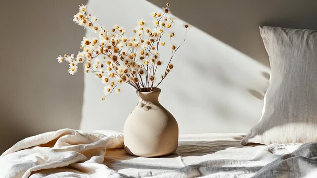 Sunlit daisies in vase casting moving shadows on textured fabric surface