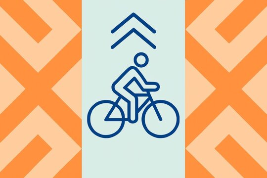 Bicycle transport symbol with upward arrows on light background, framed by geometric orange pattern, modern traffic concept design. Ai generative