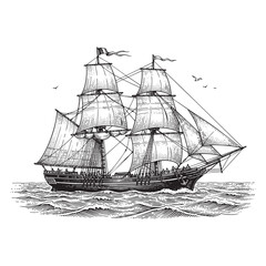 Vintage Sailing Ship at Sea, Detailed Tall Ship Maritime Ocean Engraving © trianatio