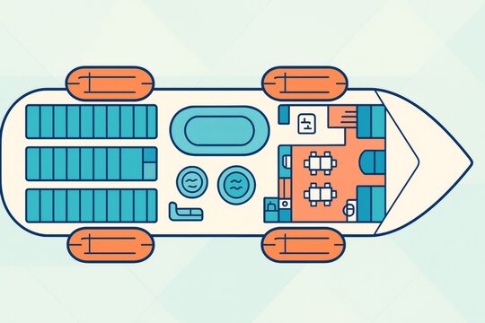 Top view layout of a modern cruise ship deck with cabins, pool, dining, and lifeboats in flat abstract style on light background. Ai generative