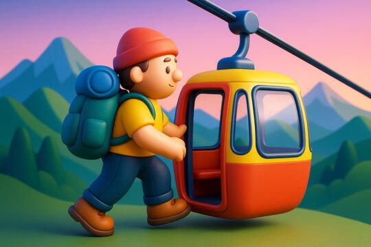 Cartoon hiker boarding colorful cable car with mountains in background under soft light at sunset, symbolizing adventure and creative transport concept. Ai generative