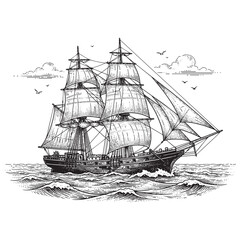 Vintage Sailing Ship at Sea, Detailed Tall Ship Maritime Ocean Engraving © trianatio