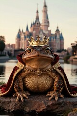 Obraz premium Frog king sits on rock near castle. Regal amphibian wears crown, red cape with gold trim. Majestic toad in fairytale setting by water. Golden jewel necklace adorns its neck.