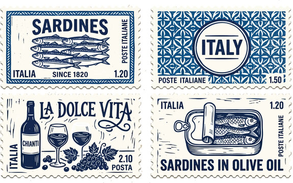 Vintage italian postage stamps with sardines and wine