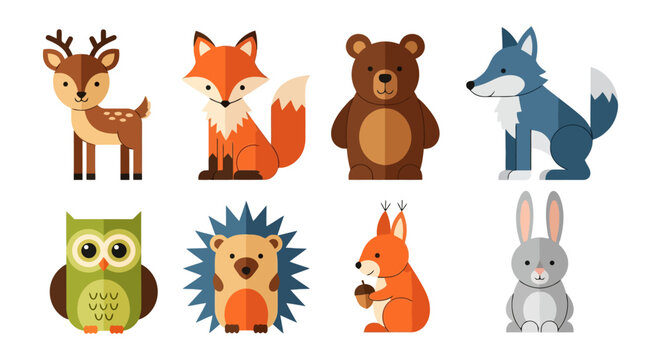 Cute cartoon forest animals collection with deer fox bear wolf owl hedgehog squirrel and rabbit.