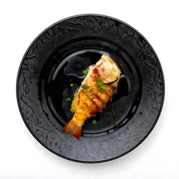 Seared Sea Bass Perfection: A whole sea bass, expertly seared to a golden-brown crisp, rests elegantly on a dark, textured plate, drizzled with a glistening sauce and garnished with fresh green herbs.