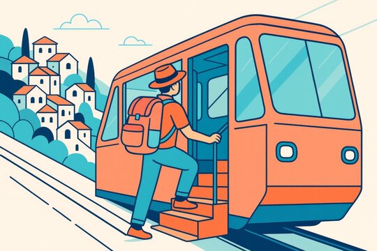 Man with backpack boarding funicular near hillside houses in minimal light abstract style on soft background. Ai generative. Ai generative