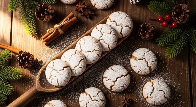 Delicious Christmas Snowball Cookies with Cracks on Surface Decorated with Pine Branches and Red Berries for Festive Holiday Celebration