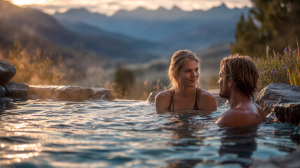 Fototapeta premium couple_relaxing_in_hot_spring_with_mountains