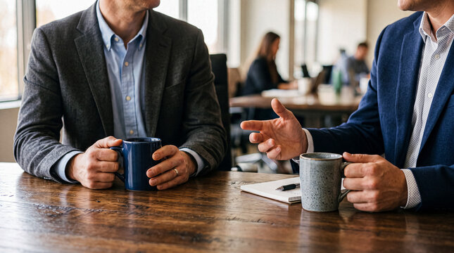 Two male business professionals having a focused discussion over coffee, with one gesturing.