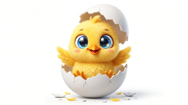 Adorable yellow chick hatching from a white egg with hatching, creature