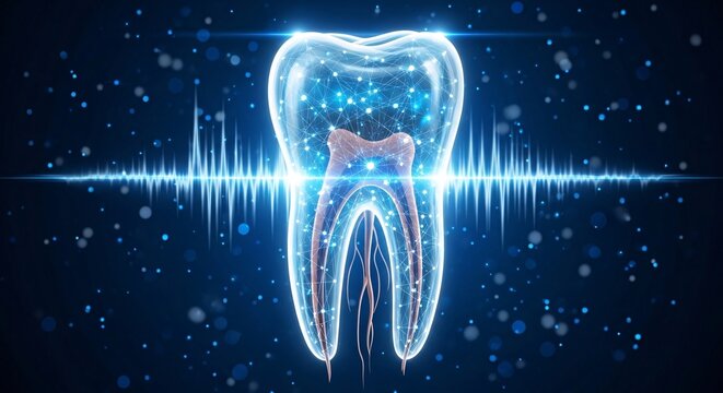 Futuristic digital illustration of a healthy tooth surrounded by glowing effects and sound wave patterns representing dental health and advanced technology