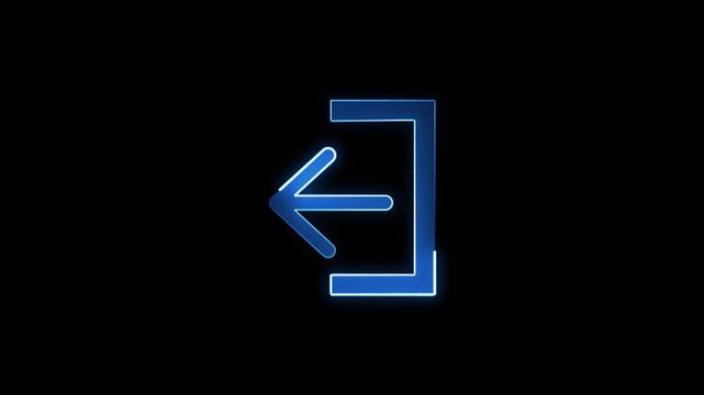 Blue neon logout icon glowing on black background with animated pulsing light effect for digital interface