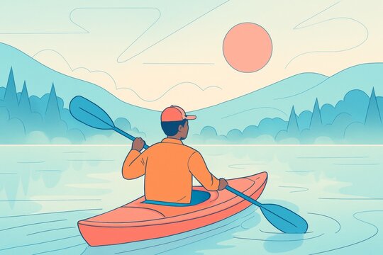 Person kayaking on calm lake surrounded by mountains under orange sun in pastel color style, symbolizing peaceful outdoor travel adventure. Ai generative