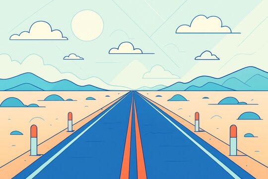 Long straight desert highway with mountains and clouds in minimal flat style under bright sky, concept of travel and freedom adventure. Ai generative