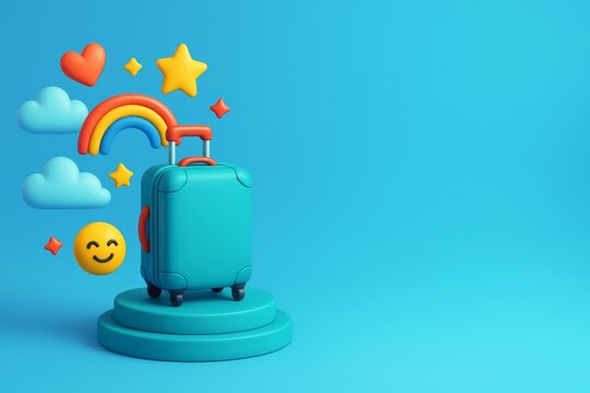 Colorful travel suitcase with happy cartoon symbols like stars, rainbow, and smiley on a blue abstract background for vacation joy concept. Ai generative