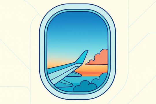 Airplane window view showing plane wing and sunset sky with clouds in clean minimal style on soft abstract background. Ai generative. Ai generative