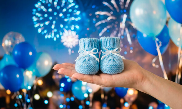 Blue knitted baby booties on a mother-to-be's hand against a festive background with fireworks. Banner or greeting card for a baby's birthday or gender reveal.