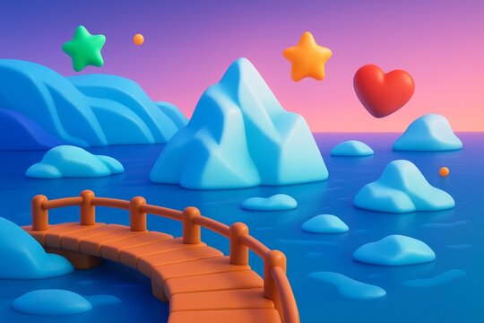 Colorful fantasy landscape with floating shapes, curved wooden bridge, and surreal mountains on a dreamy sunset ocean background. Ai generative