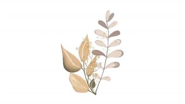Watercolor wreath with beige botanical and gold glitter leaves. Suitable for wedding invitations, cards, stationery, and packaging designs. Alpha channel.