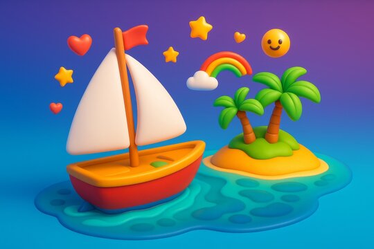 Cartoon sailboat near tropical island with palm trees, rainbow, and hearts on colorful background symbolizing travel and adventure. Ai generative