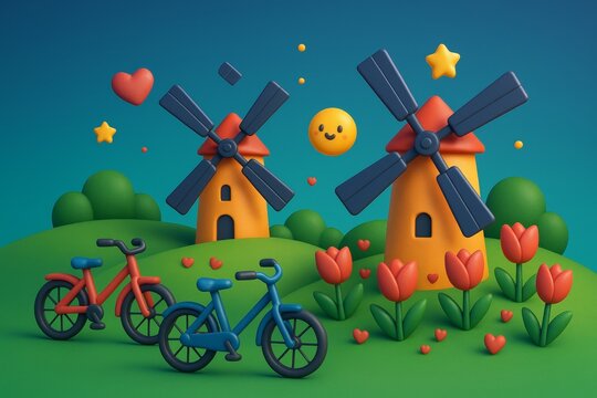 Colorful cartoon countryside landscape with windmills, tulips, and bicycles under a bright sky with happy sun and stars. Ai generative. Ai generative