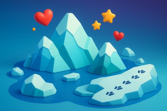 Cute stylized mountain landscape with floating hearts and stars in dreamy blue background, evoking love, travel, and imagination vibes. Ai generative