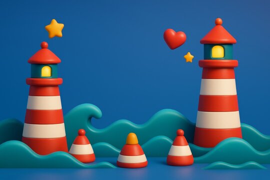 Colorful cartoon lighthouses with waves, heart, and stars on a blue background expressing a creative travel and nautical concept with light elements. Ai generative