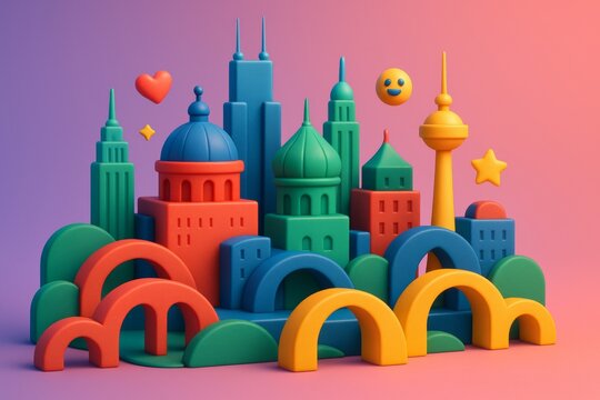 Colorful abstract cityscape with iconic buildings and emoji elements on a soft gradient background in playful style concept for light travel scenes. Ai generative