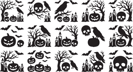 Obraz premium Halloween icons set with black silhouettes on white background