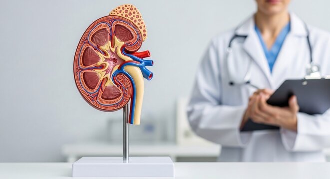 Detailed medical model of a human kidney with internal structures and a healthcare professional in the background holding a clipboard for medical consultation and education purposes