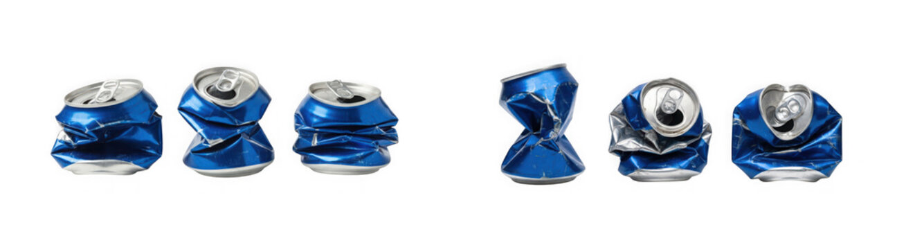 Collection of crushed blue aluminum soda cans isolated on transparent background