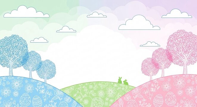 Whimsical pastel landscape with colorful trees rolling hills and soft clouds creating a dreamy outdoor scene perfect for children's books and spring themes