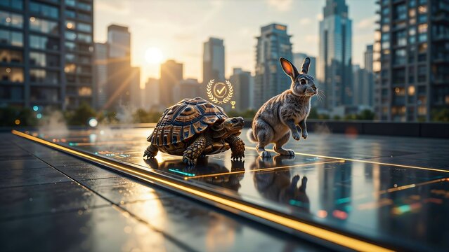 Turtle and rabbit racing in modern city representing persistence versus speed success concept