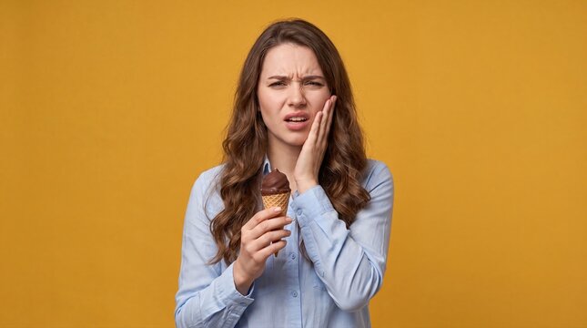 Young woman experiencing tooth sensitivity while eating chocolate ice cream cone