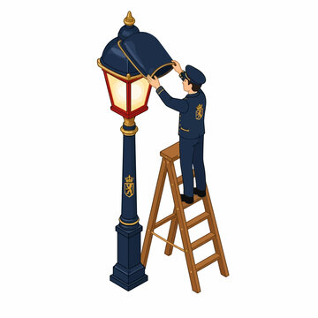 Vintage lamplighter in blue uniform on wooden ladder repairing glowing antique street lamp with gold crest, isometric vector illustration isolated on white background.