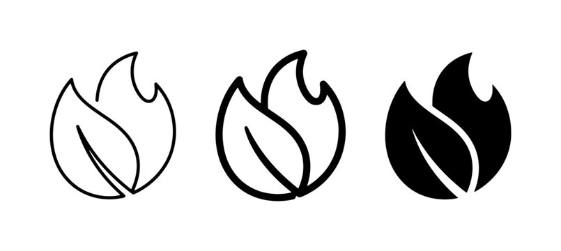 Eco-friendly fire icons, nature flame symbols, green energy logos, sustainable heat graphics, three styles