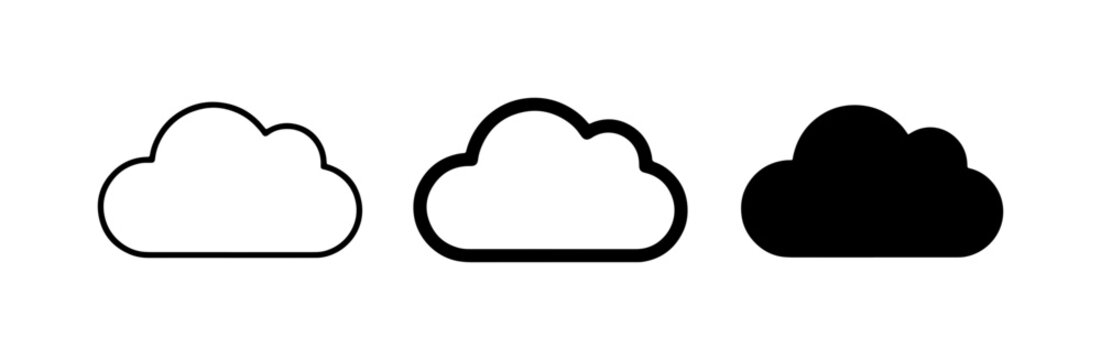 Cloud Icons Set: Simple Outline and Solid Black Vector Graphics for Digital Concepts, Weather, and Data Storage