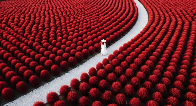 A person walking through a vast field of perfectly aligned red spherical objects arranged in curved rows with white pathways