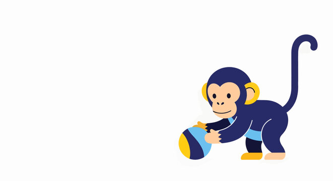 A cute cartoon monkey with dark blue fur and a light brown face is holding a striped blue and yellow ball on a white background.