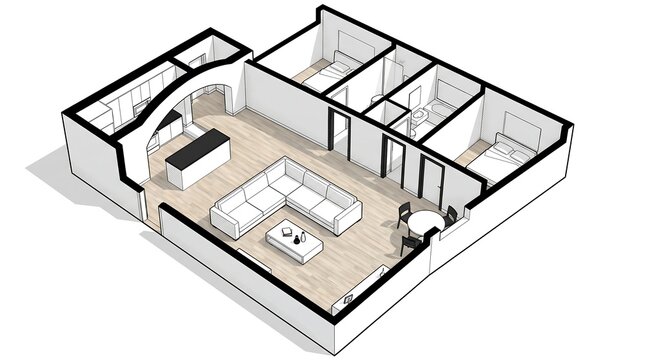 3d sketch of an apartment floor plan layout with living room kitchen and bedrooms