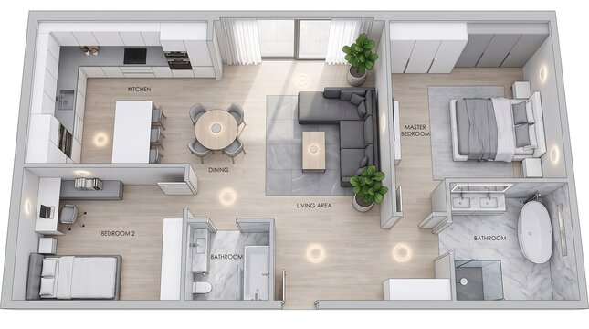 Topdown 2d floor plan layout of a luxury apartment with two bedrooms and bathrooms