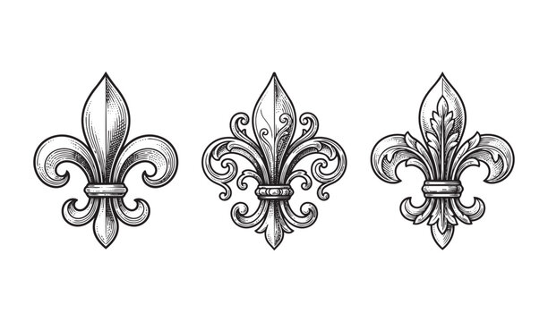 Fleur-de-lis Heraldic Symbols Triad, Detailed Ornate French Royal Lily Graphic
