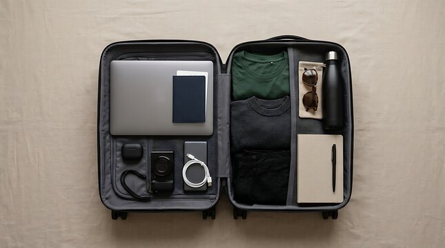 Neatly Organized Carry-On Suitcase Containing Essential Travel Gear Electronics Clothing and Daily Travel Accessories for Professional Digital Nomads