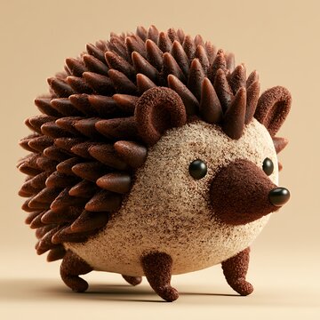 A lovable hedgehog covered with rich chocolate spikes and cocoa powder texture, adorable dessert-inspired surreal creature