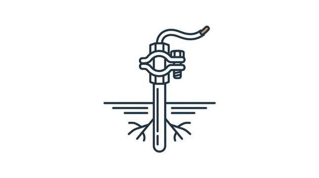 Grounding rod with clamp and wire entering soil with roots.