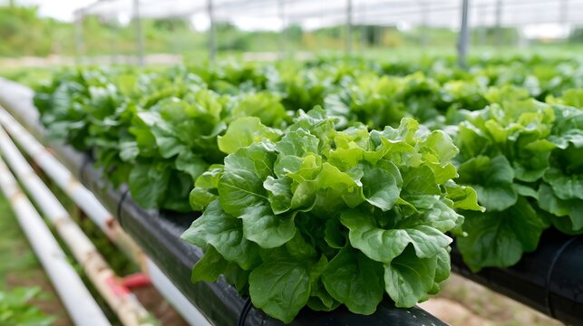Rows of vibrant green leafy vegetables grow neatly in a controlled agricultural setting with irrigation pipes running alongside