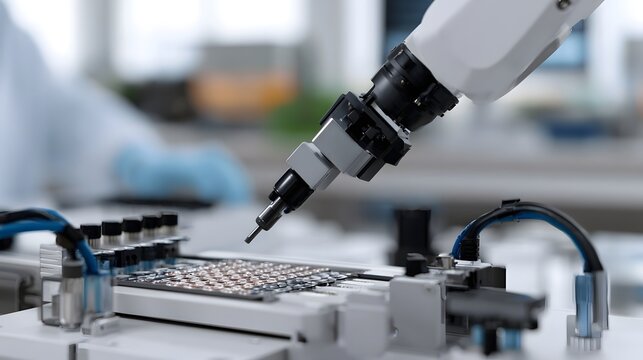 Robotic arm precisely placing small electronic components onto a circuit board in a clean industrial setting