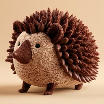 A lovable hedgehog covered with rich chocolate spikes and cocoa powder texture, adorable dessert-inspired surreal creature